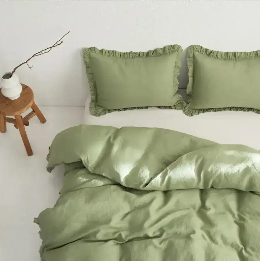 100% Washed Linen Duvet Cover Set - Sage Green - Image 4