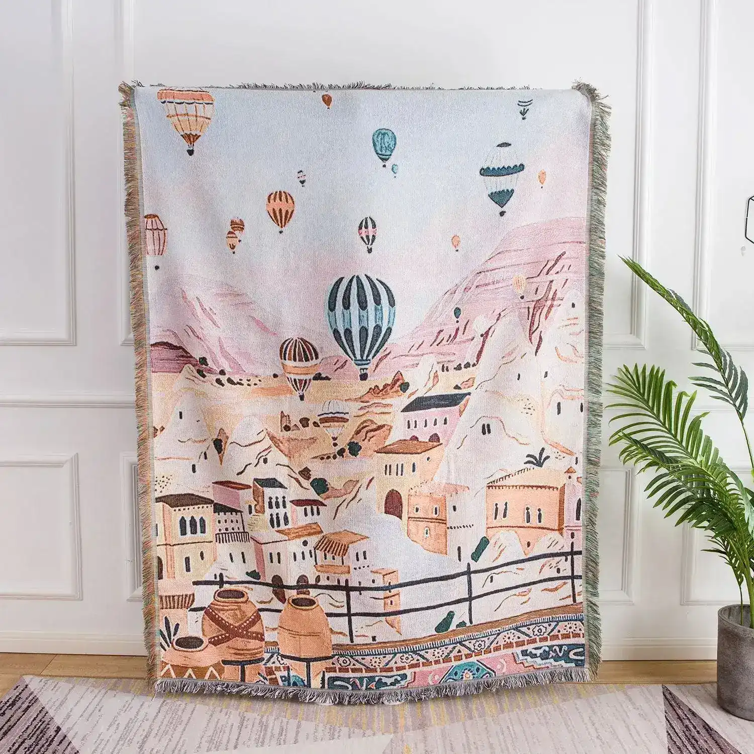 Air Balloon Town Throw Blanket