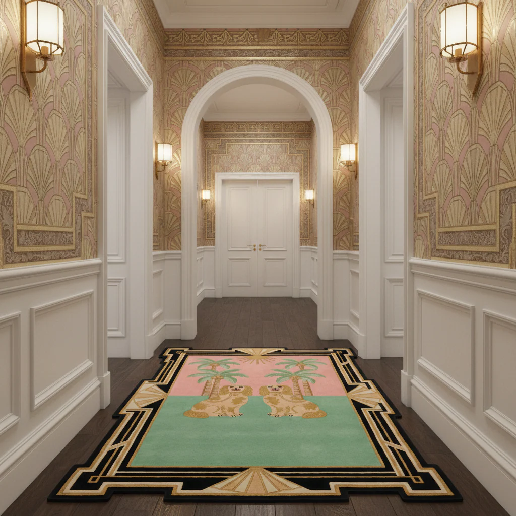 Art Deco Desert Foo Dogs Hand Tufted Wool Rug - Image 3