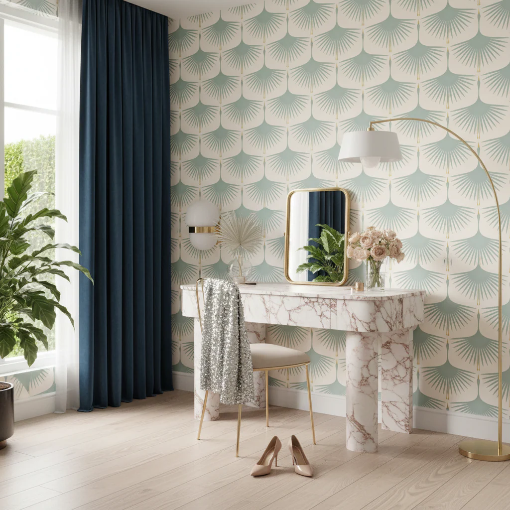 Art Deco Green Swans Wallpaper