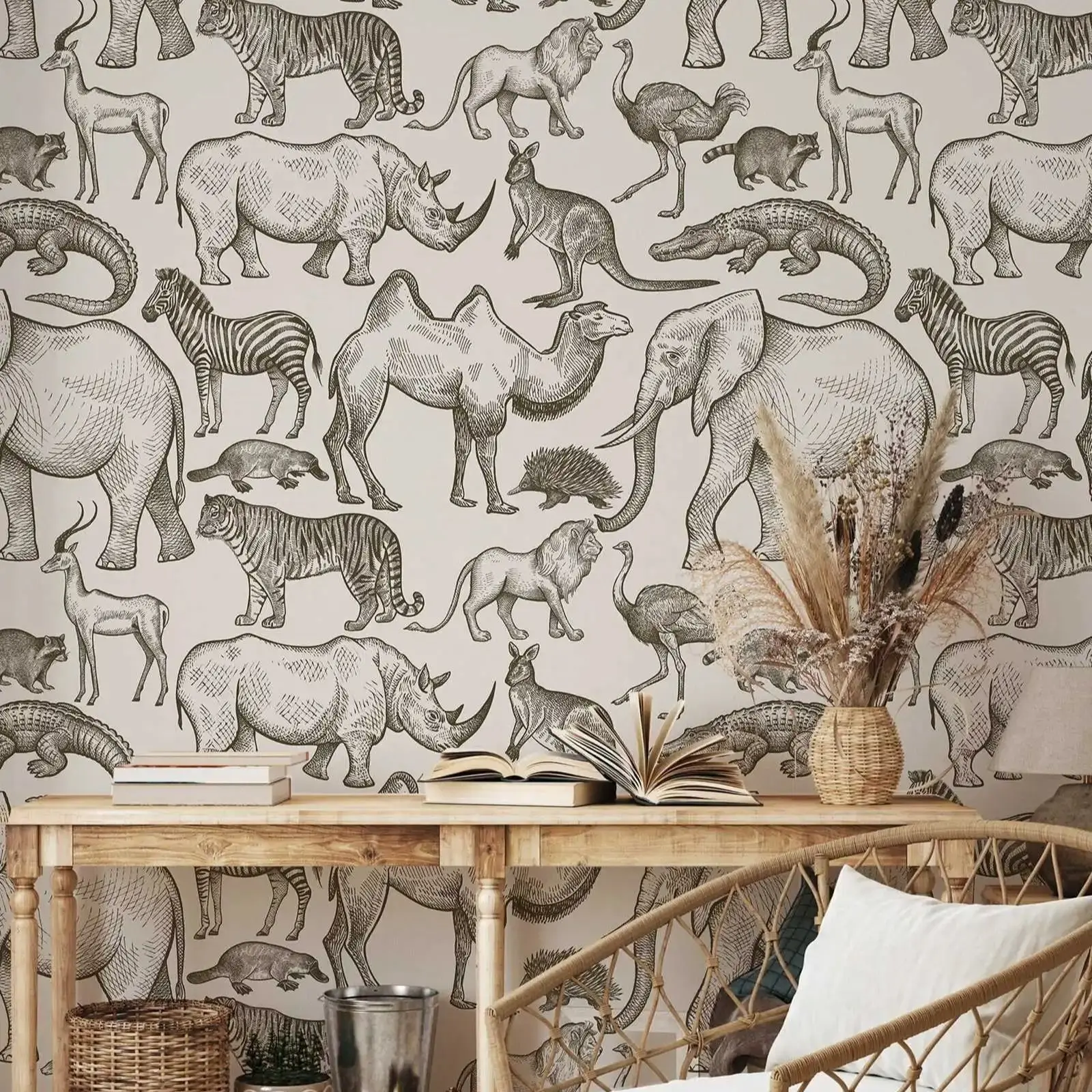 Beige Safari Animals Mural - Image 2
