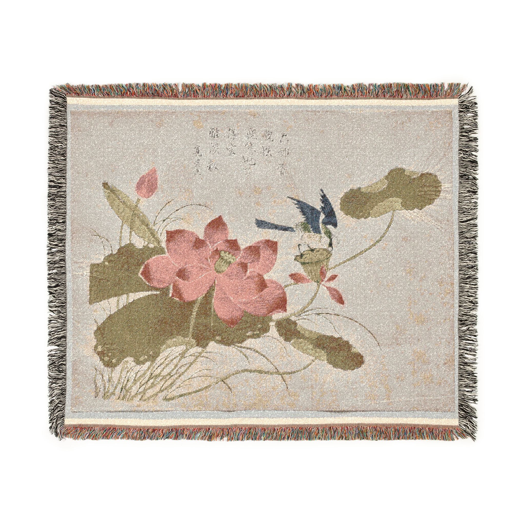 Bird on Lotus Woven Throw Blanket