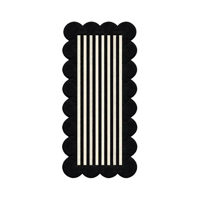 Black And Ivory Scalloped Striped Hand Tufted Wool Rug