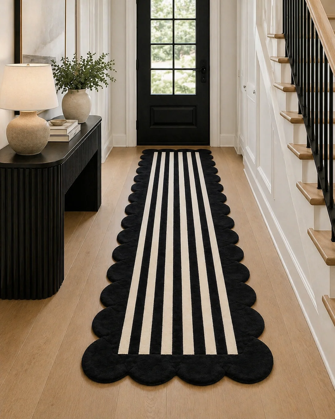 Black And Ivory Scalloped Striped Hand Tufted Wool Rug - Image 2
