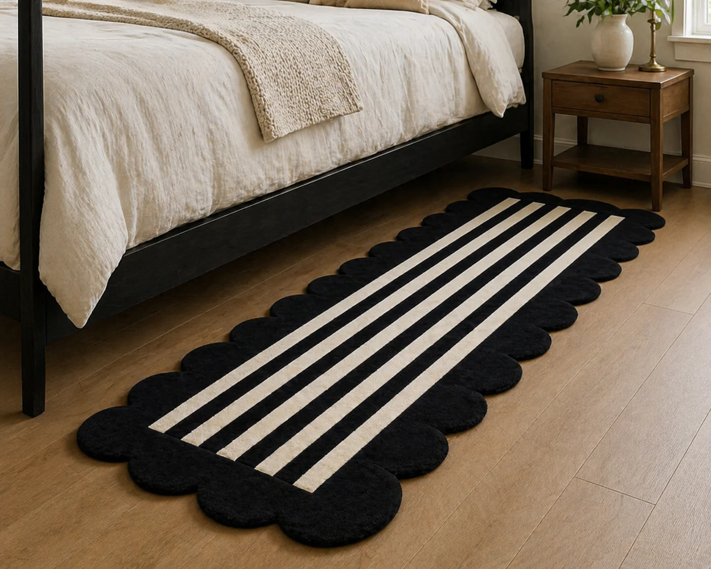 Black And Ivory Scalloped Striped Hand Tufted Wool Rug - Image 3
