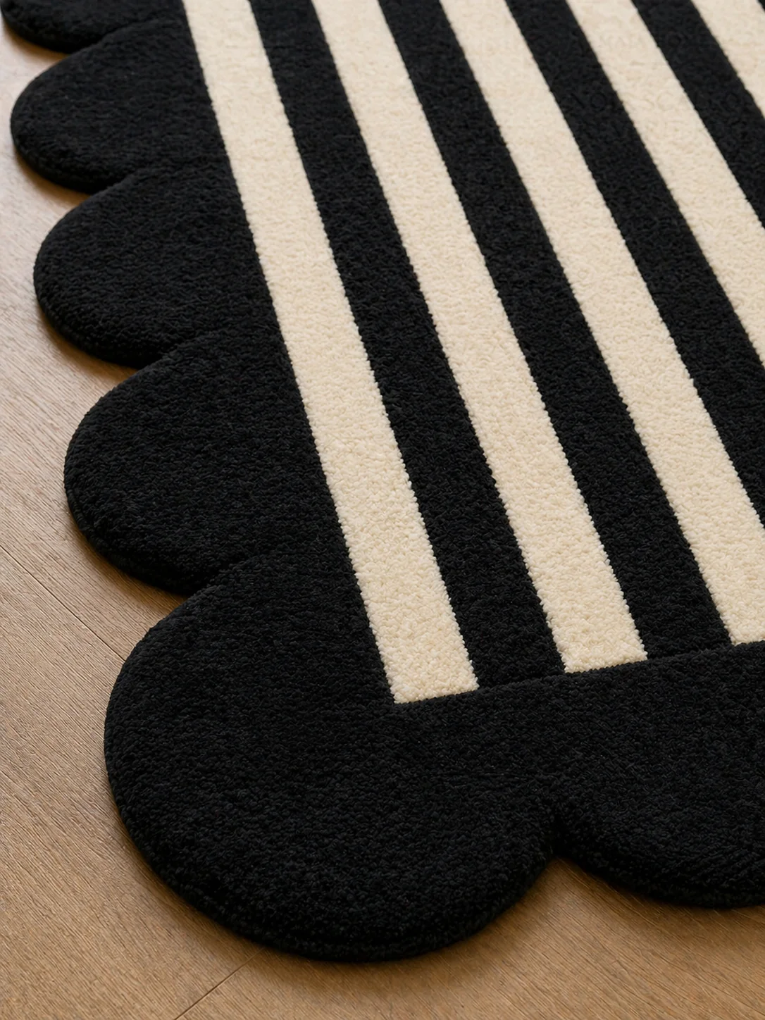 Black And Ivory Scalloped Striped Hand Tufted Wool Rug - Image 4