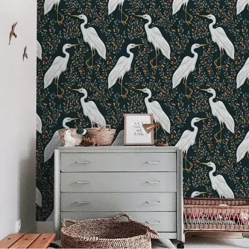 Black and White Crane Chinoiserie Wallpaper - Image 3