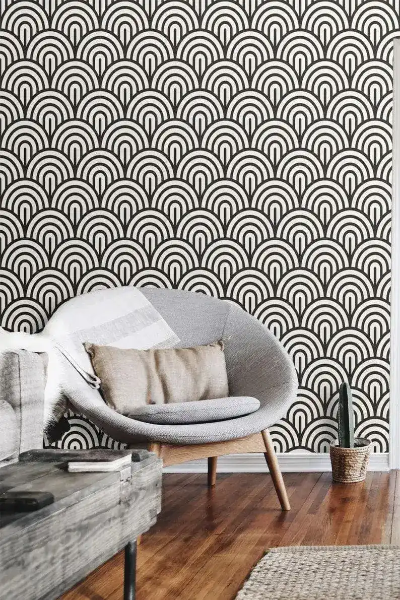 Black and White Geometric Fish Scale Art Deco Wallpaper - Image 4