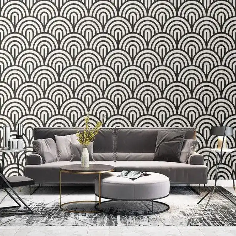 Black and White Geometric Fish Scale Art Deco Wallpaper - Image 5