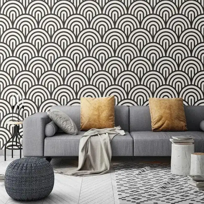 Black and White Geometric Fish Scale Art Deco Wallpaper - Image 6