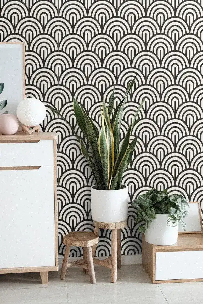 Black and White Geometric Fish Scale Art Deco Wallpaper - Image 7