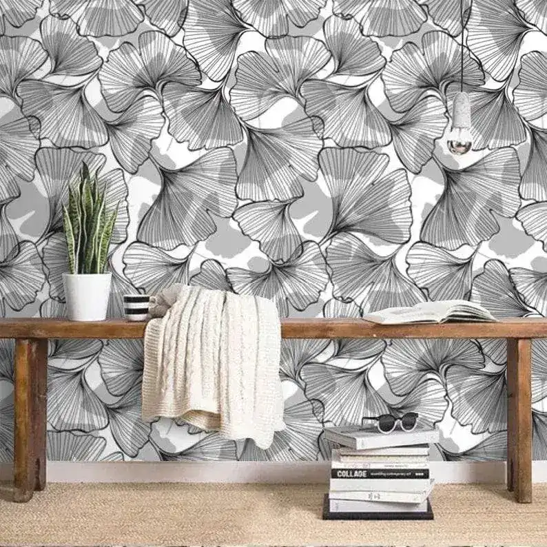 Black and White Gingko Leaves Botanical Wallpaper - Image 6