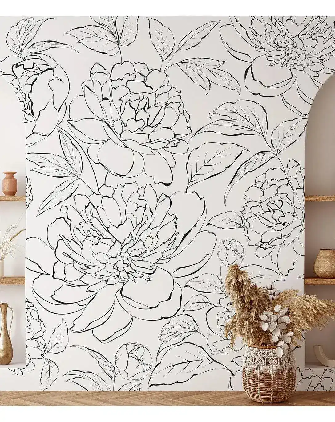 Black and White Line Art Peony Self Adhesive Mural