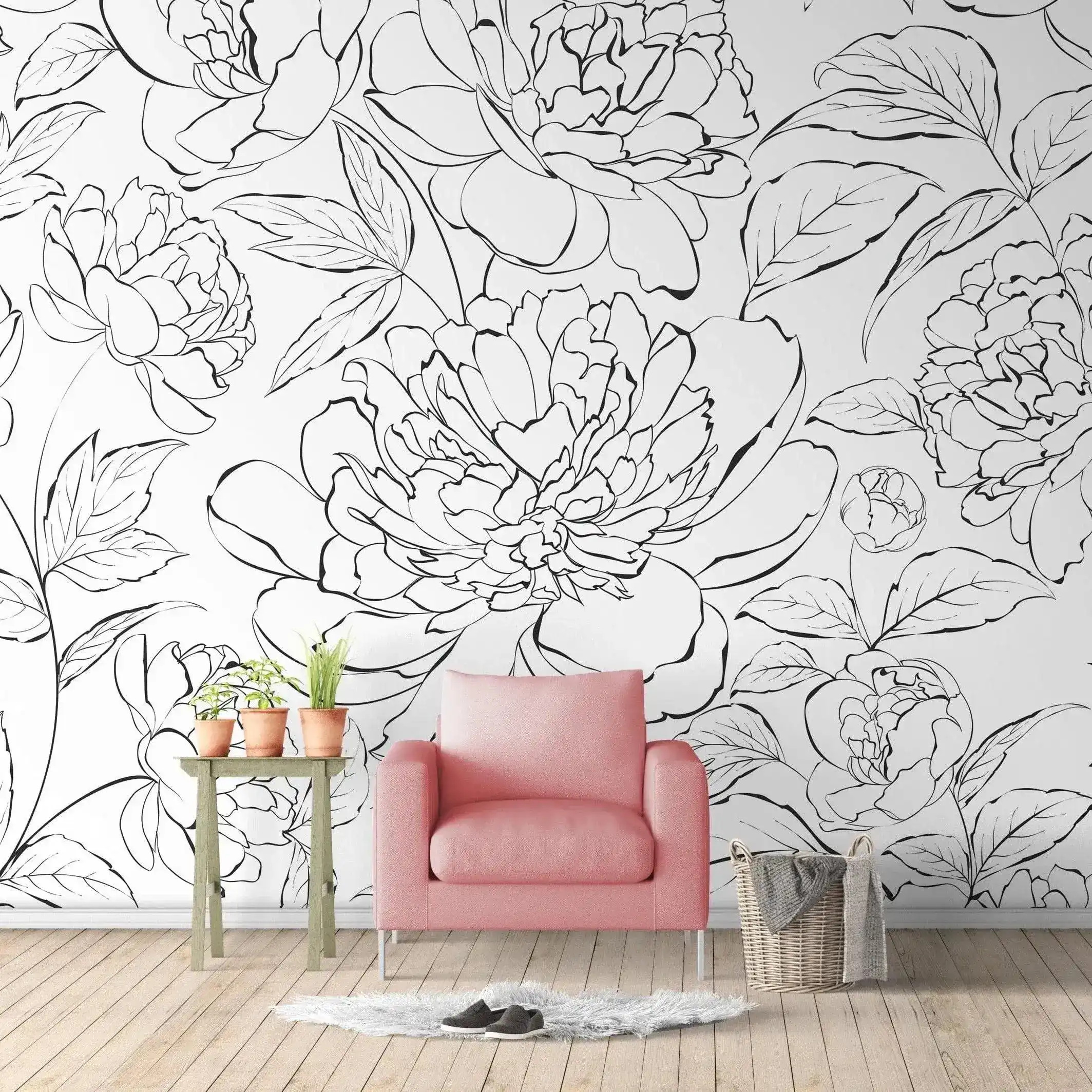 Black and White Line Art Peony Self Adhesive Mural - Image 4
