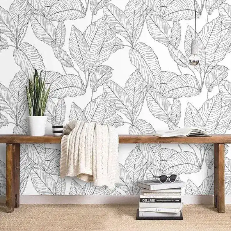 Black and White Minimalist Linear Leaves Wallpaper - Image 4