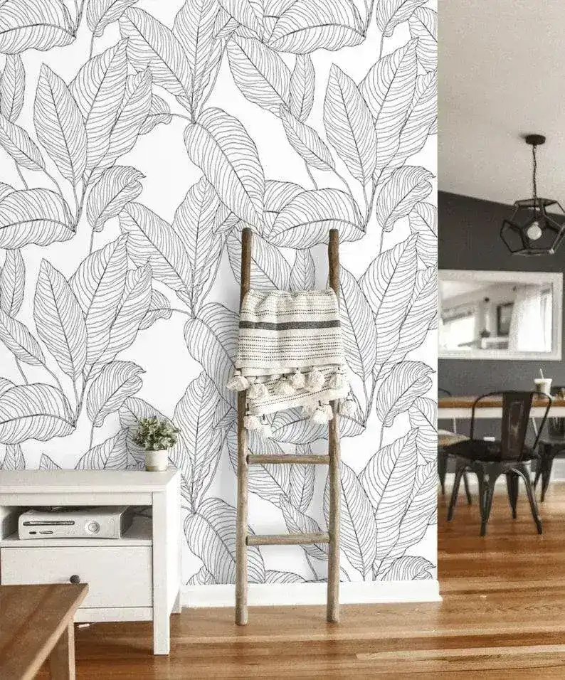 Black and White Minimalist Linear Leaves Wallpaper - Image 6