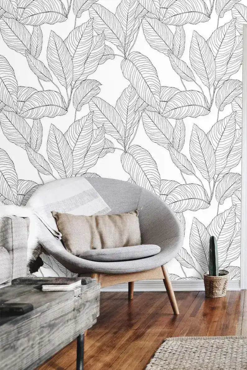 Black and White Minimalist Linear Leaves Wallpaper - Image 7