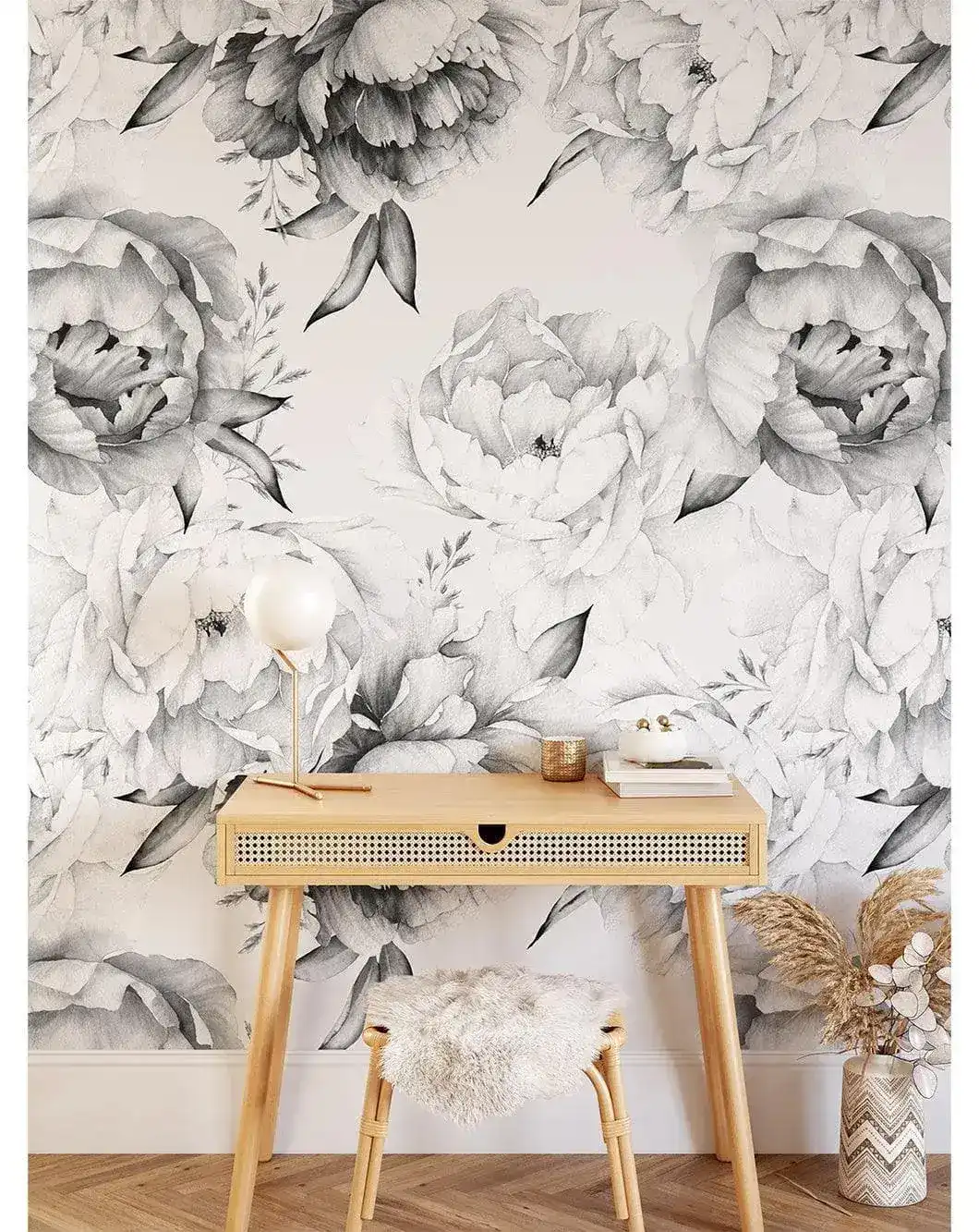 Black and White Peonies Watercolor Large Flowers Wall Mural - Image 3