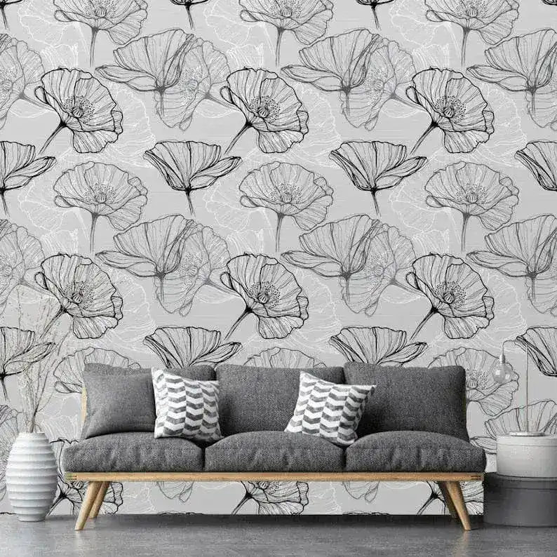 Black and White Poppy Watercolor Wallpaper - Image 5