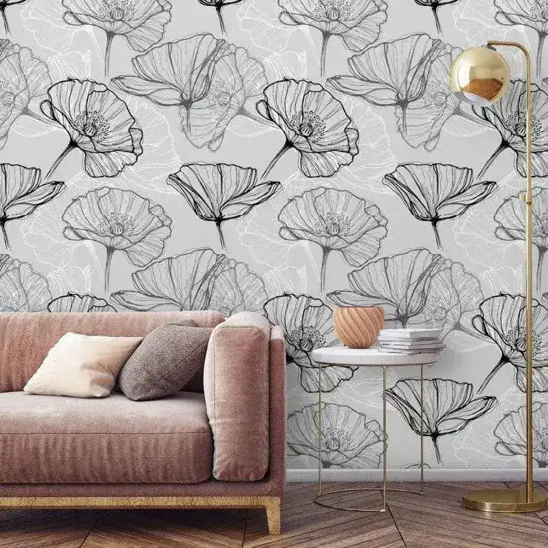 Black and White Poppy Watercolor Wallpaper - Image 8