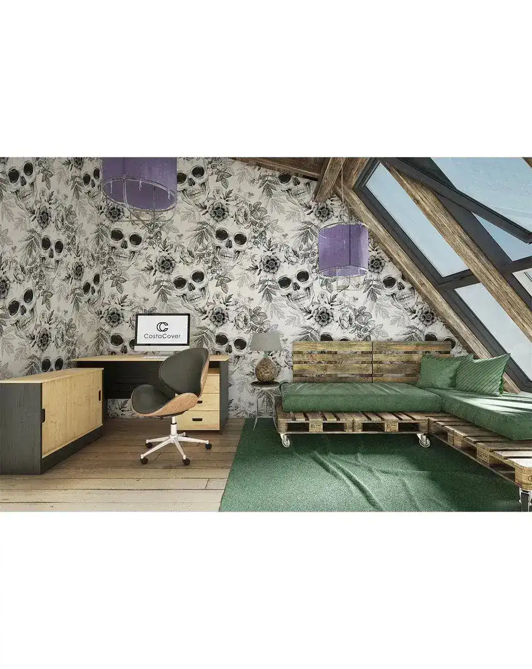 Black and White Skulls Flowers Self Adhesive Wallpaper - Image 5