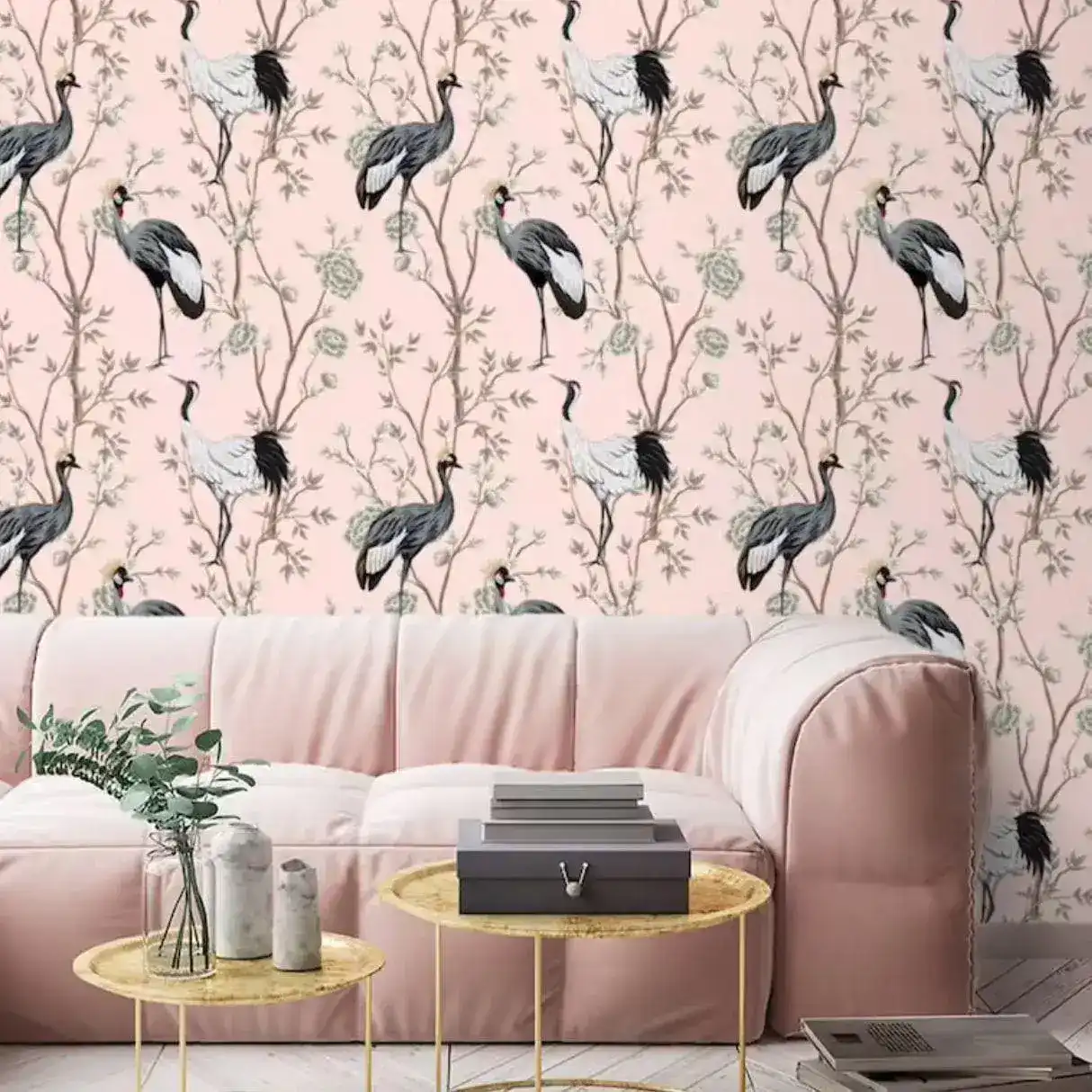 Black Cranes and Pink Chinoiserie Wall Mural - Image 4