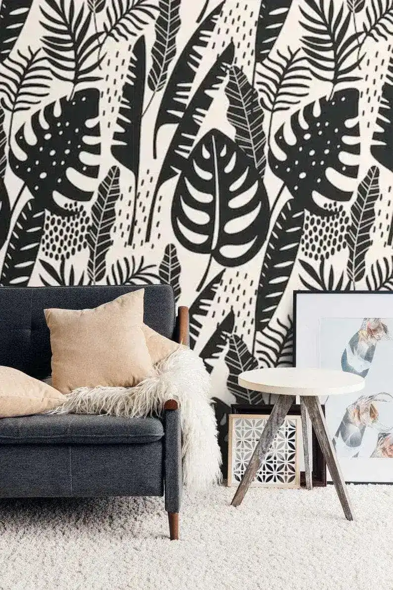Black Illustrated Monstera Botanical Wallpaper - Image 4