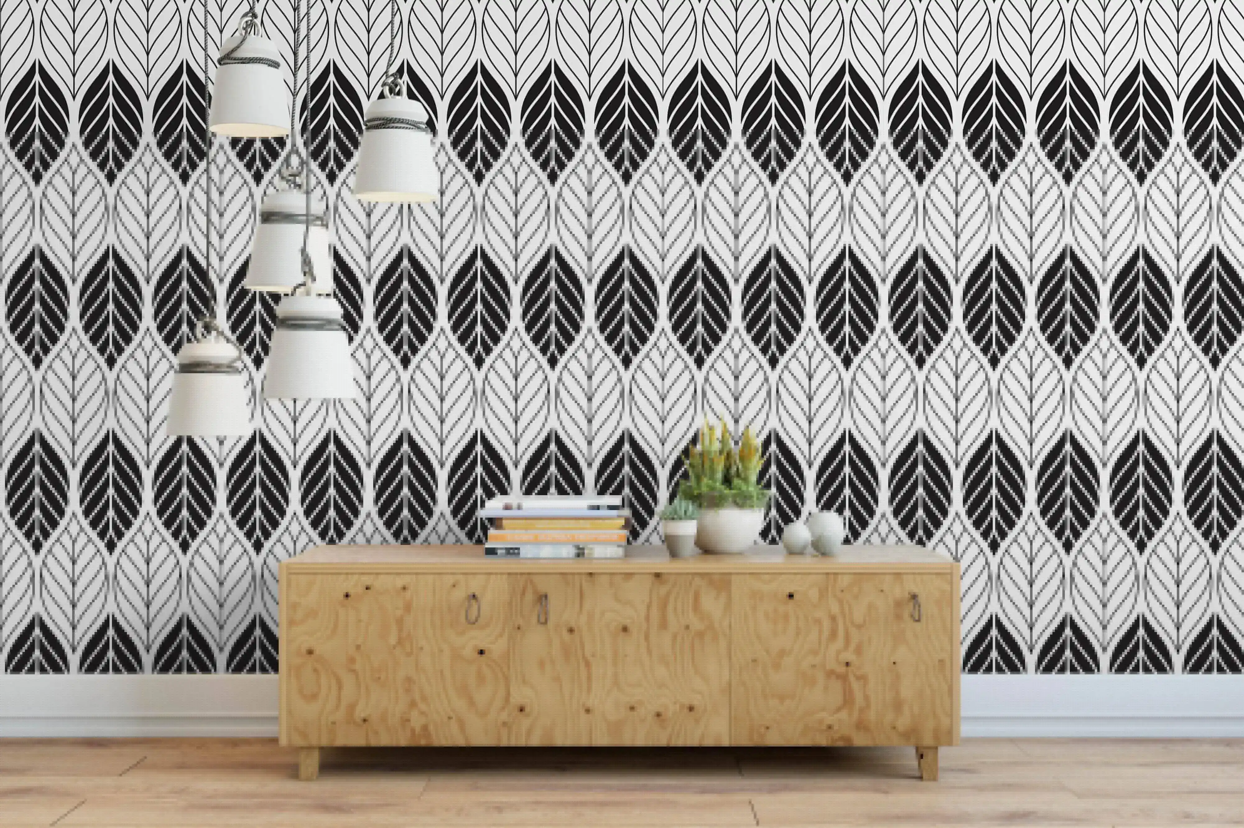 Black White Floral Geometric Leaves Removable Wallpaper - Image 3