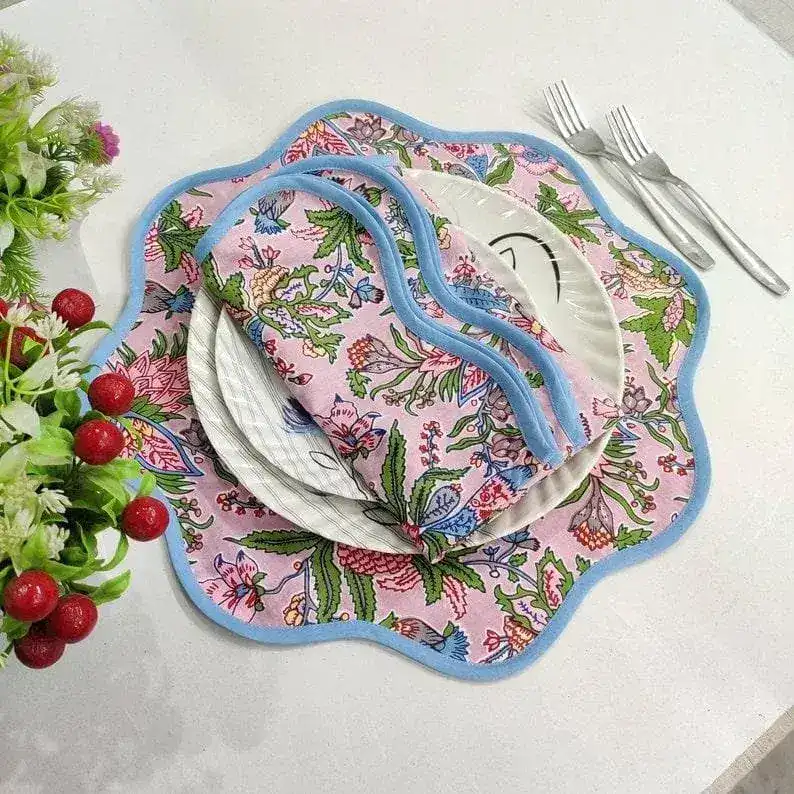 Block Printed Floral Scalloped Cotton Placemats - Image 3