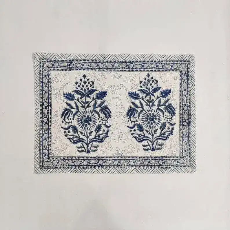 Block Printed Floral White and Blue Cotton Placemats - Image 3