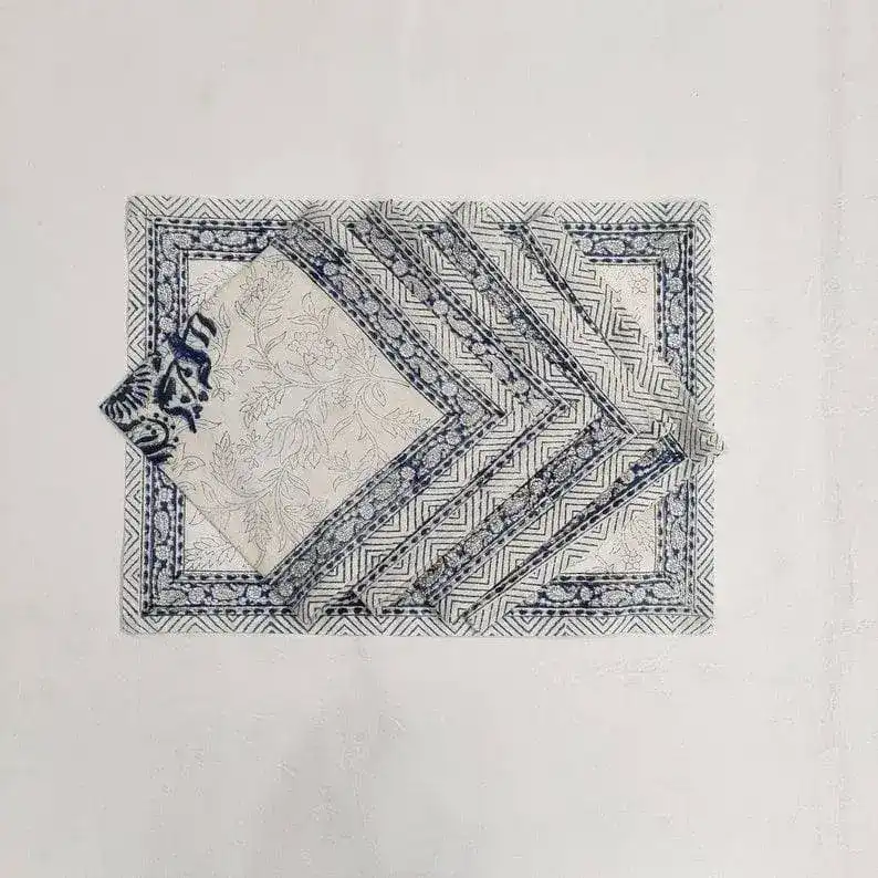 Block Printed Floral White and Blue Cotton Placemats - Image 4