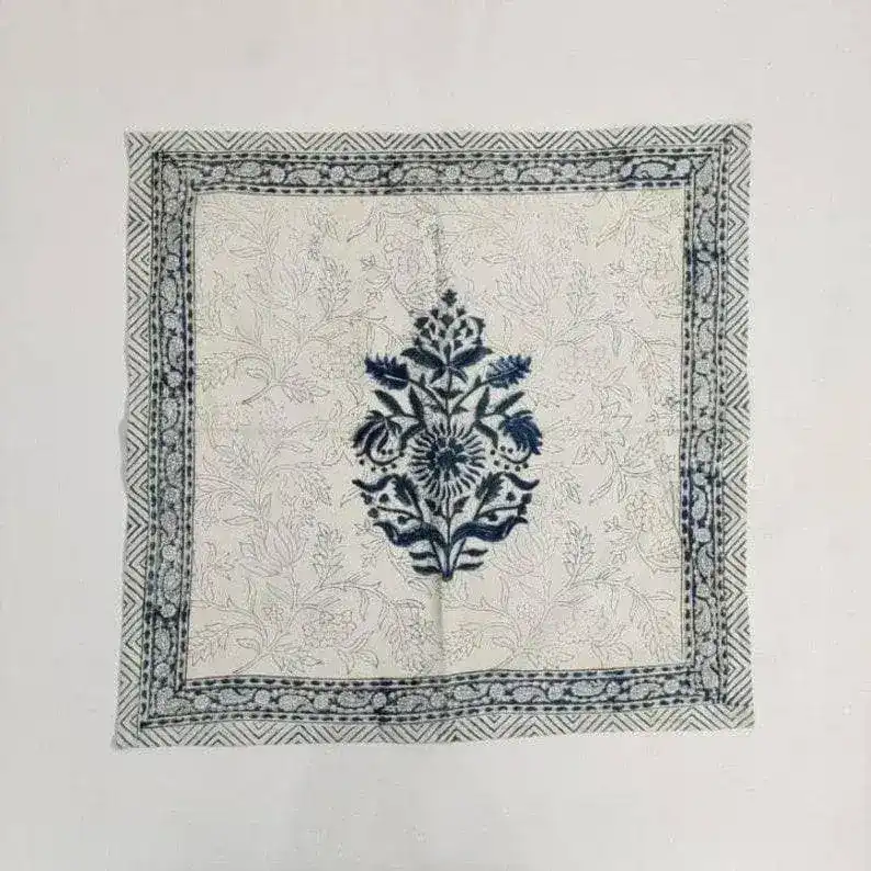 Block Printed Floral White and Blue Cotton Placemats - Image 5