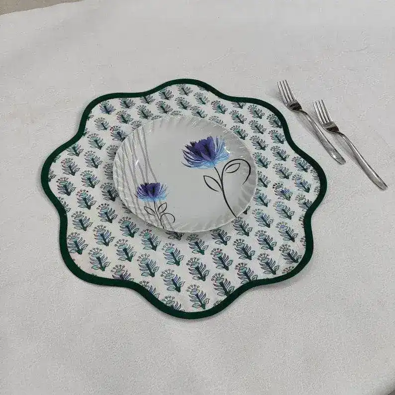 Block Printed Green Tree Round Scalloped Placemats - Image 2