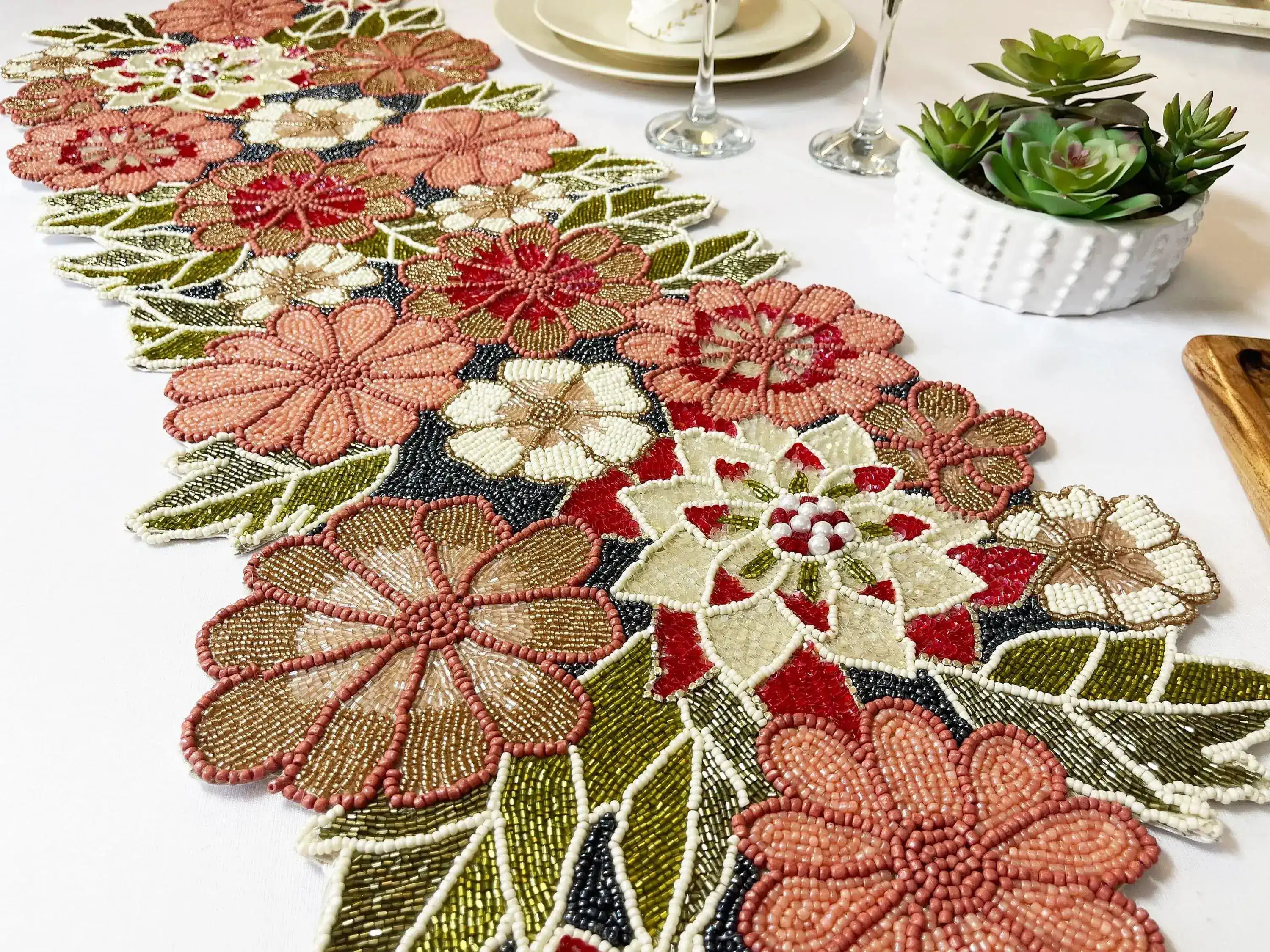 Blossoming Floral Garden Beaded Table Runner - Image 4