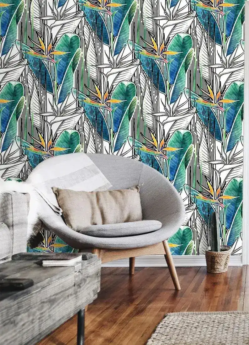 Blue and Green Tropical Banana Leaves and Flowers Wallpaper - Image 3