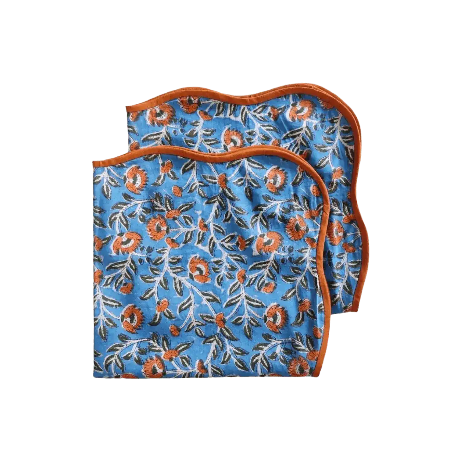 Blue and Orange Floral Block Printed Scalloped Cotton Napkins - Image 2