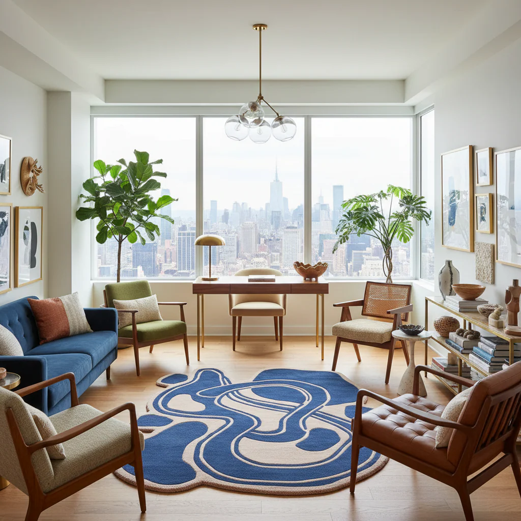 Blue Asymmetric Fluid Shape Hand Tufted Rug - Image 2