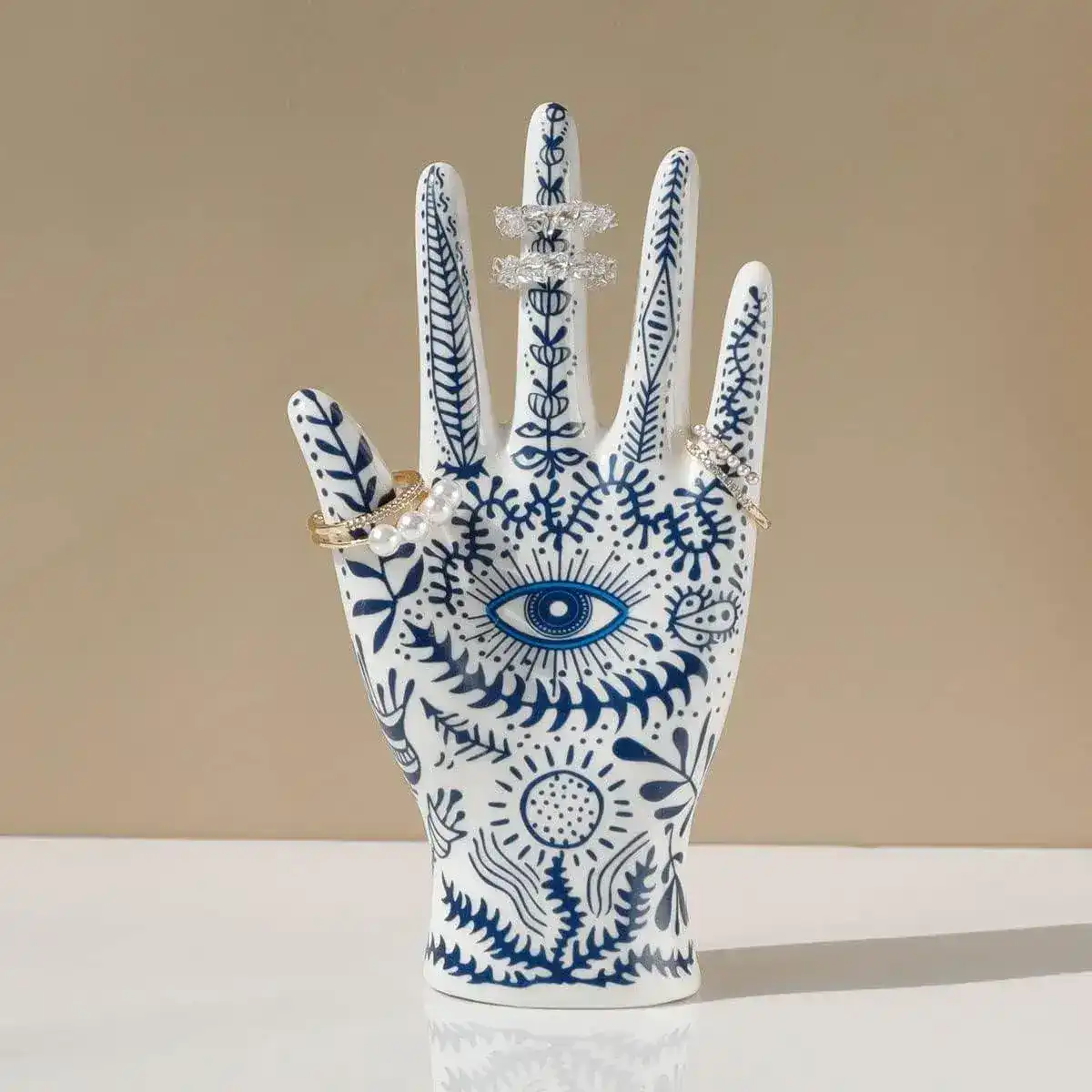 Blue Floral Evil Eye Porcelain Jewelry Holder Stand