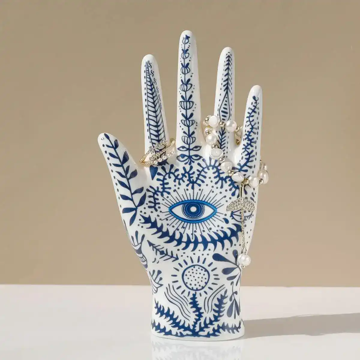 Blue Floral Evil Eye Porcelain Jewelry Holder Stand - Image 6