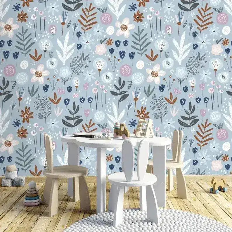 Blue Illustrated Floral and Fern Wallpaper - Image 5