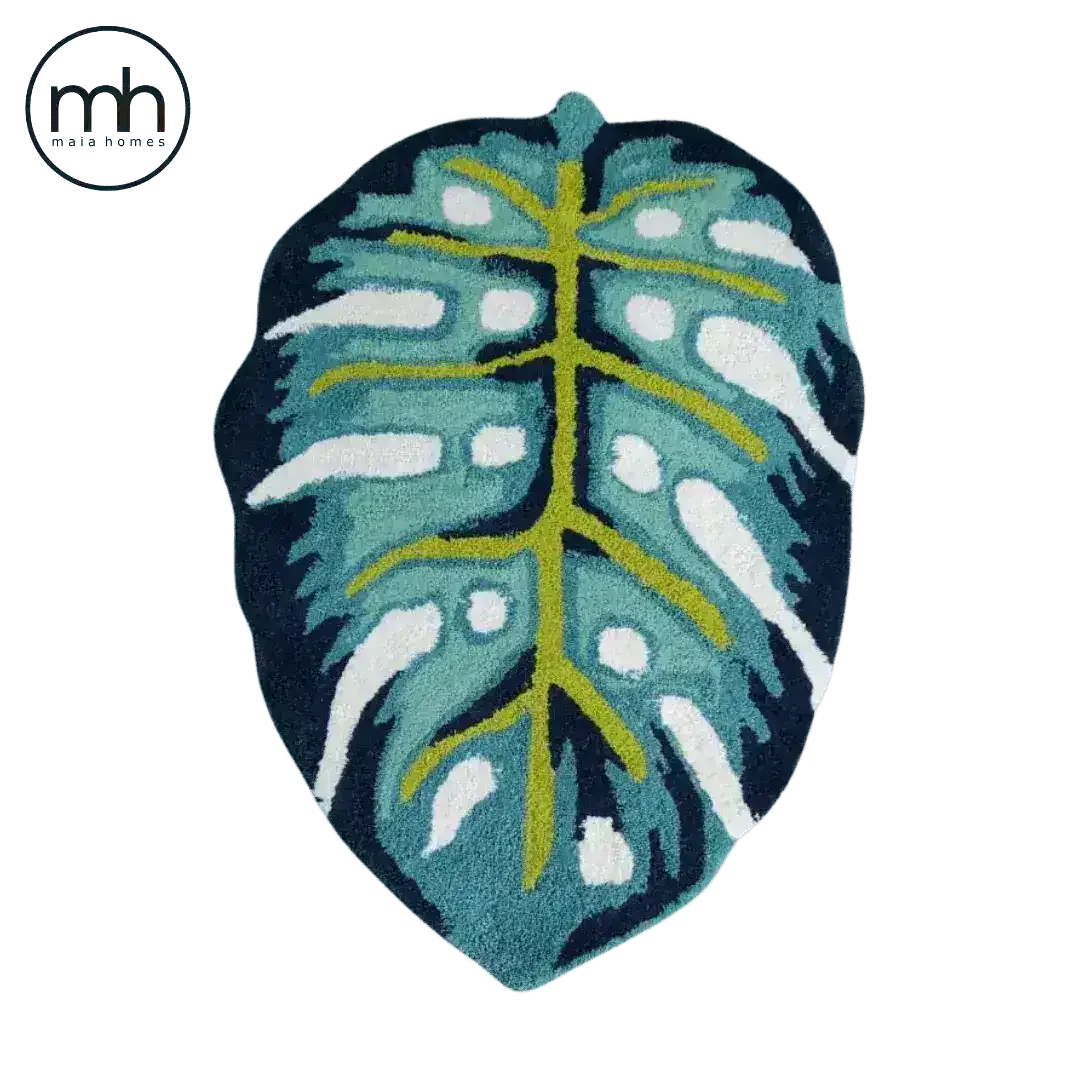 Blue Monstera Leaf Shaped Accent Hand Tufted Wool Rug