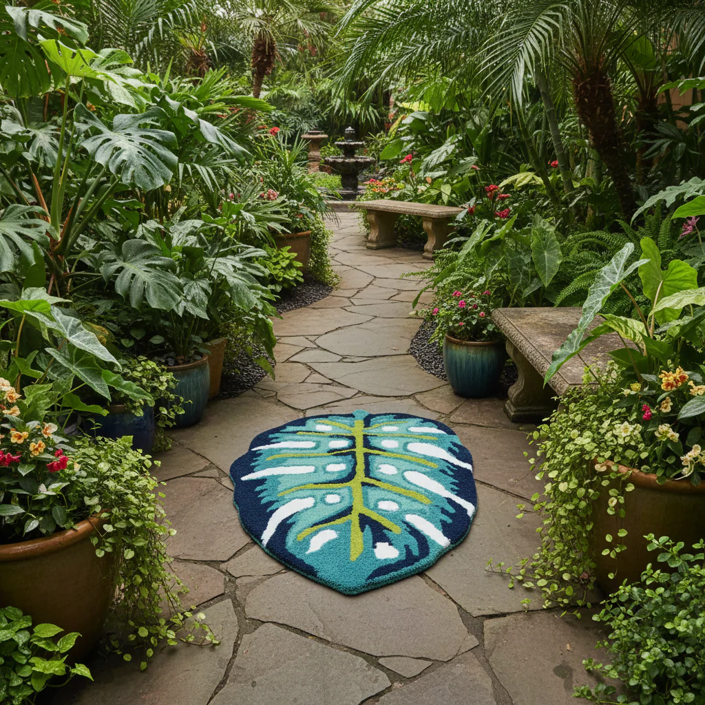 Blue Monstera Leaf Shaped Accent Hand Tufted Wool Rug - Image 2