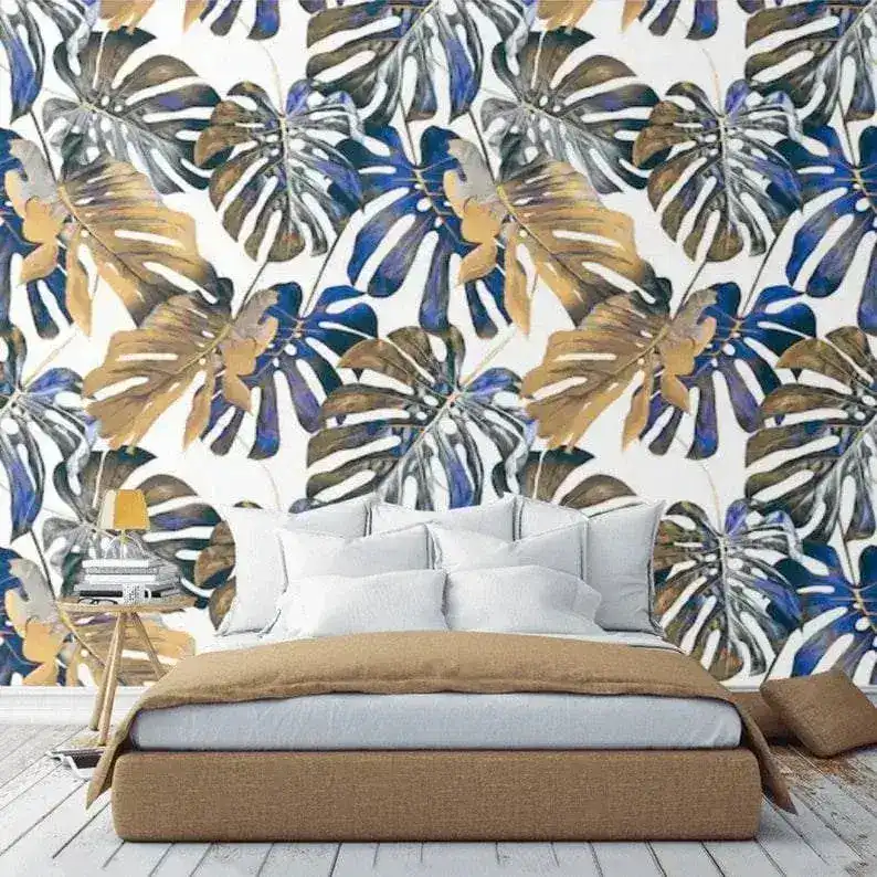 Blue Oversized Tropical Monstera Leaves Wallpaper - Image 7