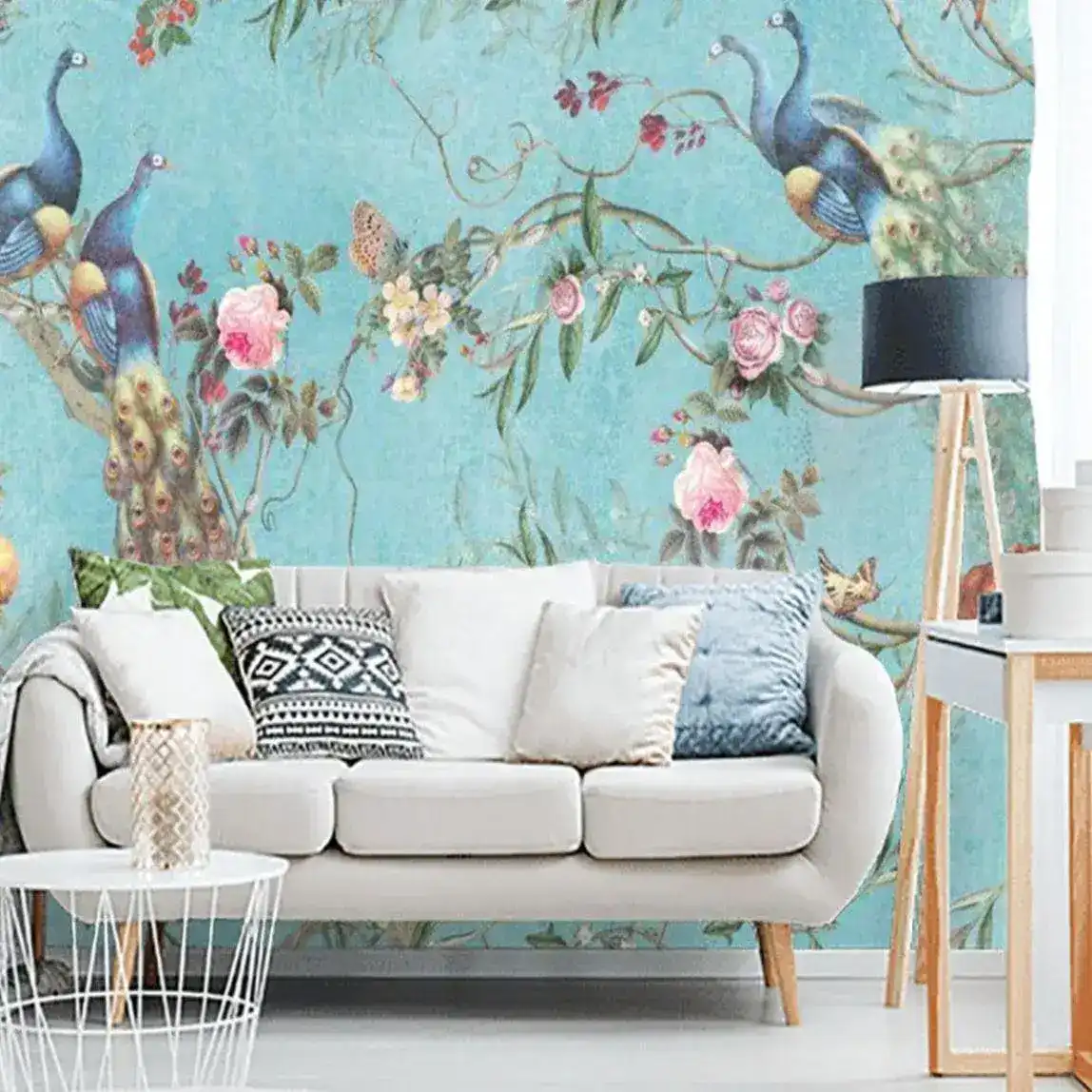 Blue Peacocks Chinoiserie Wallpaper - Image 3