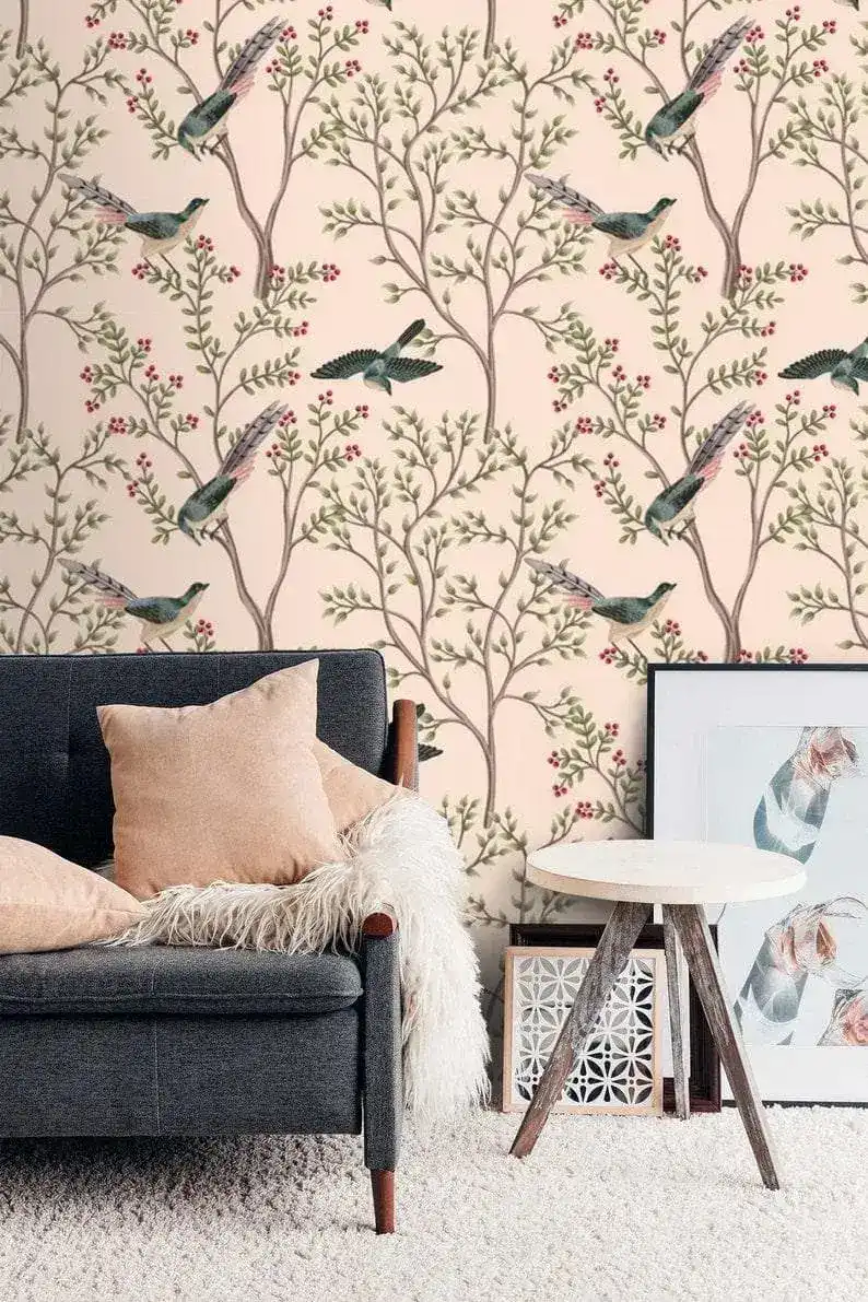Blush Chinoiserie and Bird Wallpaper - Image 5