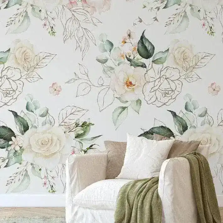 Blush Roses Green Leaves Watercolor Floral Botanical Wallpaper - Image 2