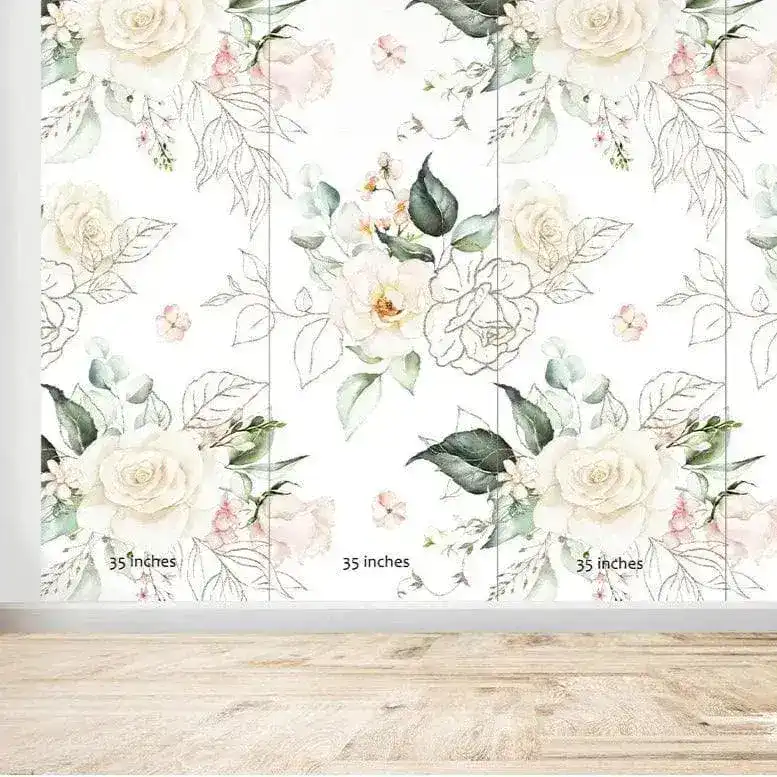 Blush Roses Green Leaves Watercolor Floral Botanical Wallpaper - Image 3