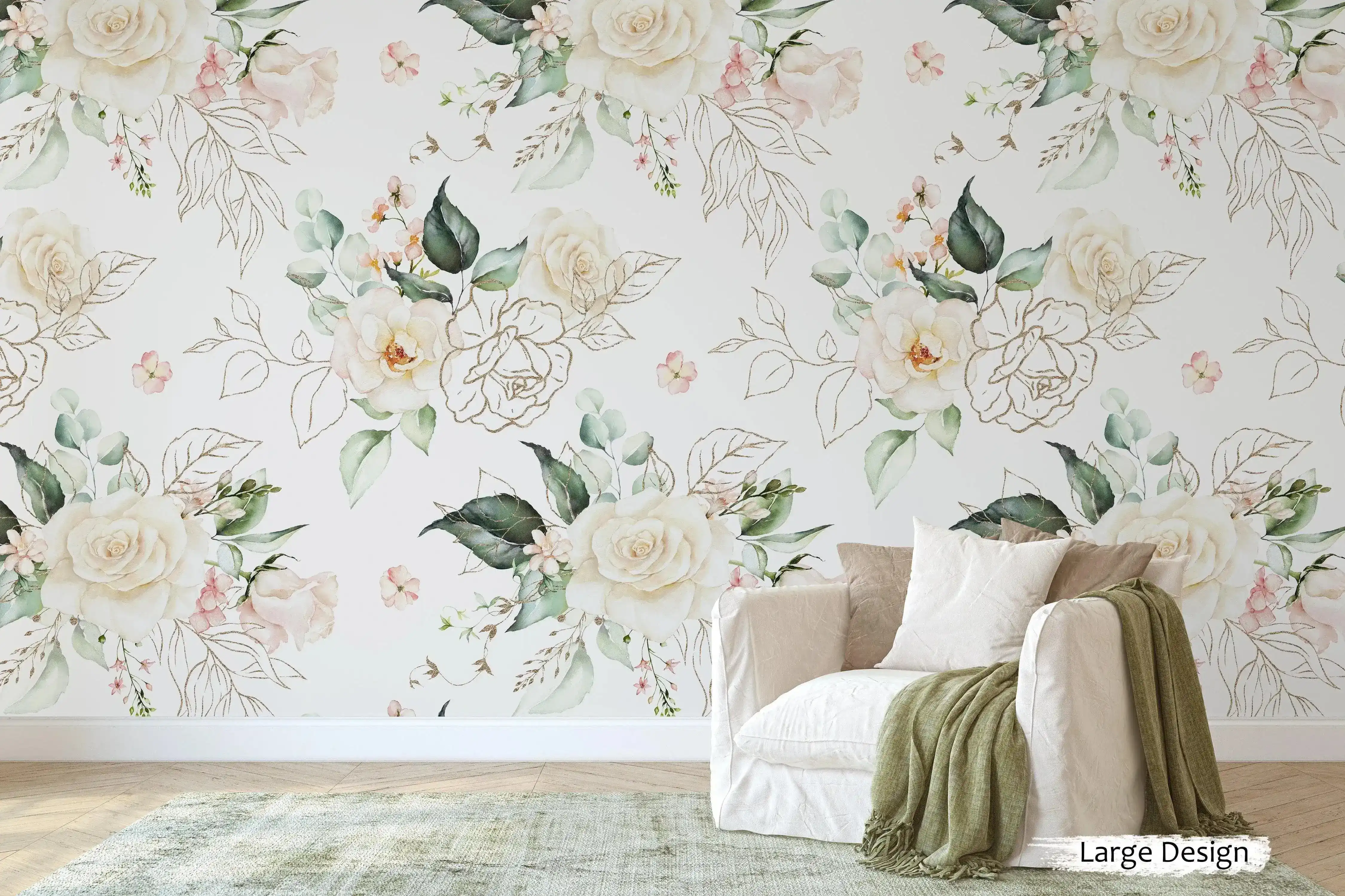 Blush Roses Green Leaves Watercolor Floral Botanical Wallpaper - Image 4