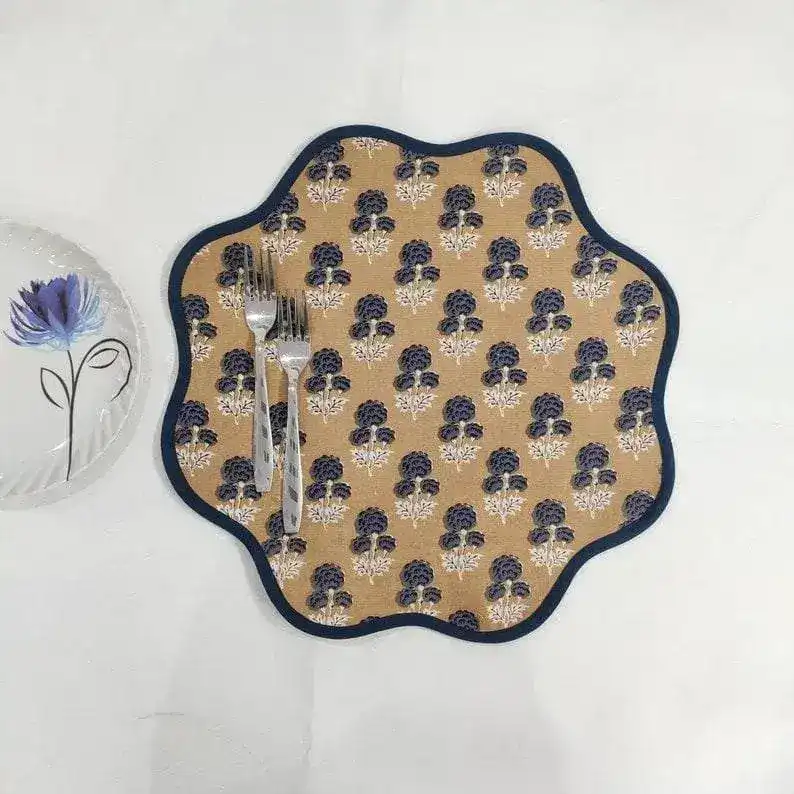 Brown Block Printed Floral Scallop Cotton Placemats - Image 4