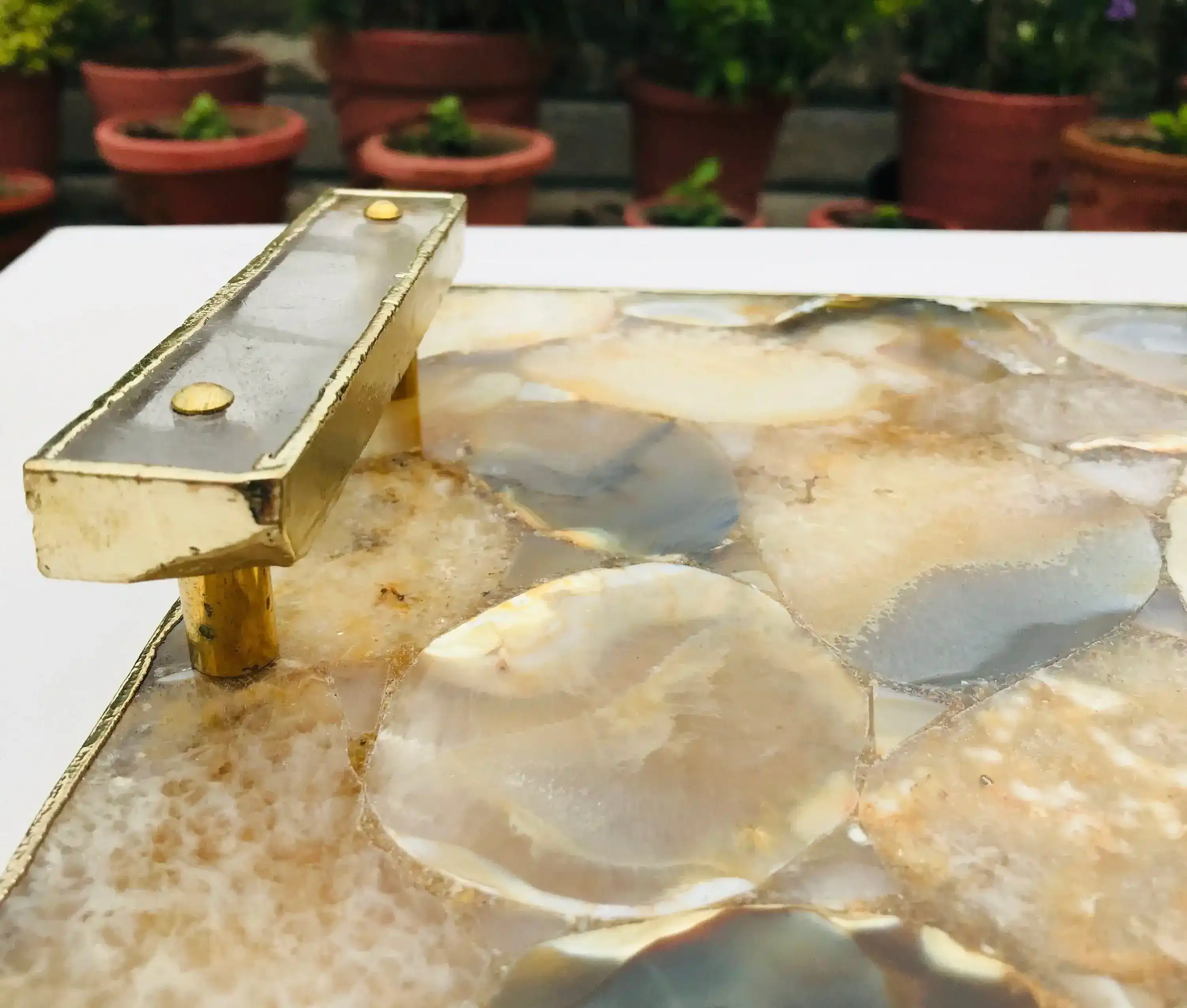 Brown Plated Agate Serving Tray With Clear Quartz Handles - Image 3